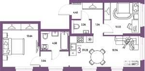 3-к квартира, строящийся дом, 59м2, 22/25 этаж
