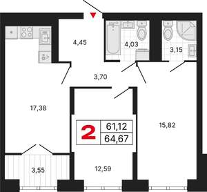 2-к квартира, вторичка, 65м2, 22/25 этаж