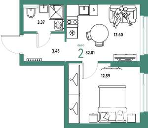 2-к квартира, строящийся дом, 32м2, 2/25 этаж