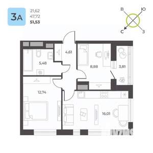2-к квартира, строящийся дом, 52м2, 12/23 этаж