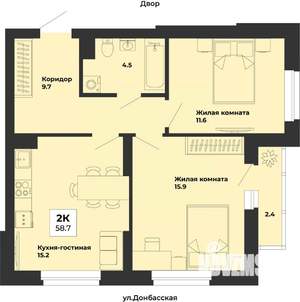 2-к квартира, строящийся дом, 59м2, 2/25 этаж