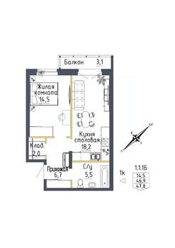 1-к квартира, строящийся дом, 48м2, 2/9 этаж