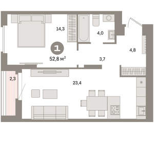 1-к квартира, вторичка, 53м2, 8/16 этаж