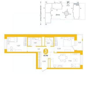 3-к квартира, строящийся дом, 65м2, 5/25 этаж