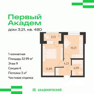 1-к квартира, вторичка, 33м2, 9/10 этаж