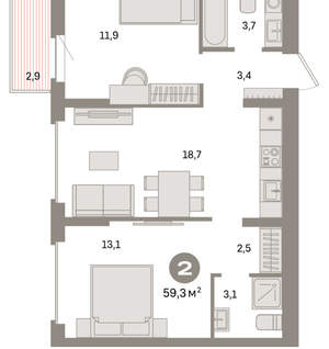 2-к квартира, вторичка, 59м2, 4/9 этаж