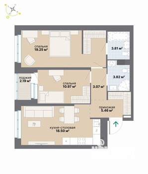 2-к квартира, вторичка, 67м2, 3/9 этаж