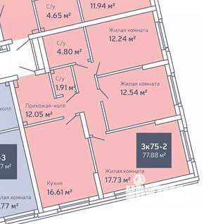 3-к квартира, вторичка, 78м2, 1/30 этаж