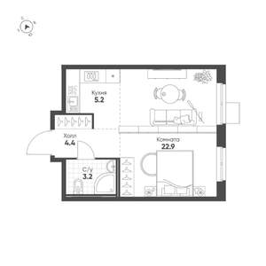 Студия квартира, строящийся дом, 36м2, 3/16 этаж