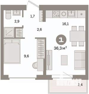 1-к квартира, вторичка, 36м2, 6/9 этаж