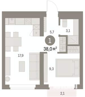 1-к квартира, вторичка, 38м2, 3/9 этаж