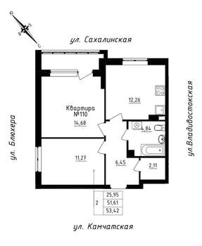 2-к квартира, строящийся дом, 53м2, 12/25 этаж