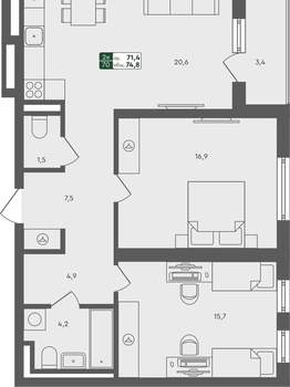2-к квартира, вторичка, 75м2, 2/4 этаж