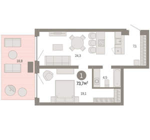 1-к квартира, вторичка, 74м2, 2/16 этаж
