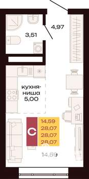 Студия квартира, строящийся дом, 28м2, 23/30 этаж