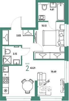 2-к квартира, строящийся дом, 43м2, 10/24 этаж
