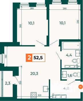 2-к квартира, строящийся дом, 53м2, 19/25 этаж