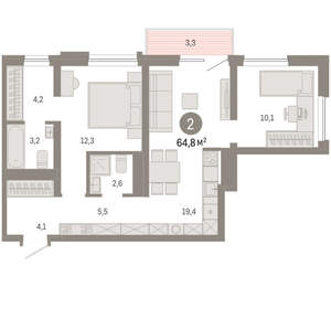 2-к квартира, вторичка, 65м2, 6/8 этаж