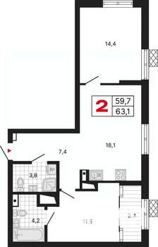2-к квартира, вторичка, 63м2, 3/29 этаж