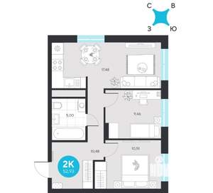 2-к квартира, вторичка, 53м2, 3/23 этаж