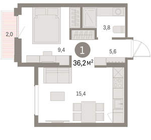 1-к квартира, вторичка, 36м2, 5/9 этаж