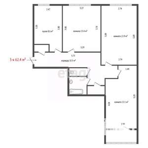 3-к квартира, вторичка, 62м2, 2/10 этаж