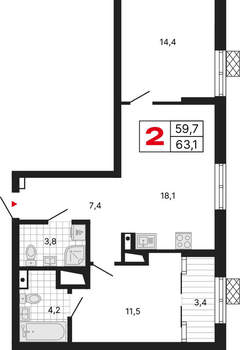2-к квартира, вторичка, 63м2, 3/15 этаж