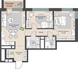 2-к квартира, строящийся дом, 77м2, 7/29 этаж
