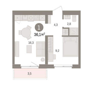 1-к квартира, вторичка, 36м2, 4/15 этаж