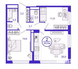 2-к квартира, строящийся дом, 60м2, 2/28 этаж