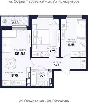 2-к квартира, вторичка, 56м2, 10/17 этаж