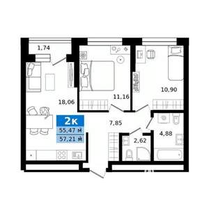 2-к квартира, строящийся дом, 57м2, 3/23 этаж