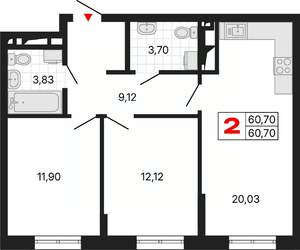 2-к квартира, вторичка, 61м2, 7/25 этаж