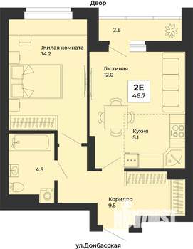 2-к квартира, строящийся дом, 47м2, 9/25 этаж