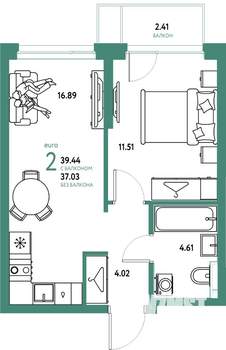 2-к квартира, вторичка, 39м2, 7/24 этаж