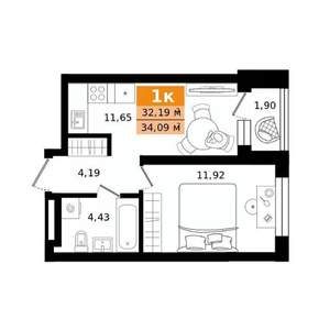 1-к квартира, строящийся дом, 34м2, 19/27 этаж