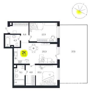 2-к квартира, вторичка, 75м2, 1/27 этаж