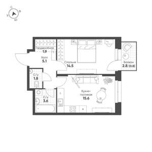 1-к квартира, вторичка, 43м2, 3/16 этаж