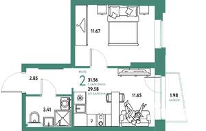 2-к квартира, строящийся дом, 32м2, 6/20 этаж