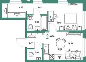 2-к квартира, строящийся дом, 44м2, 21/25 этаж