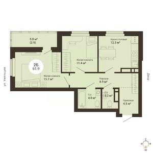 2-к квартира, сданный дом, 62м2, 16/25 этаж