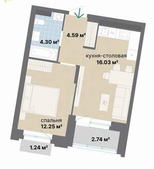1-к квартира, вторичка, 41м2, 5/9 этаж