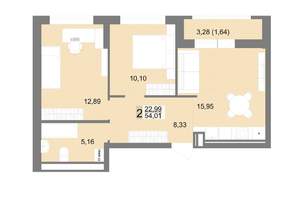 2-к квартира, вторичка, 54м2, 17/22 этаж
