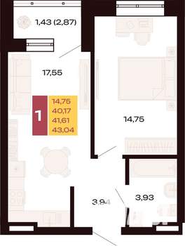 1-к квартира, вторичка, 43м2, 5/30 этаж
