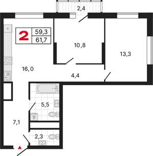 2-к квартира, строящийся дом, 62м2, 6/25 этаж