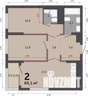 2-к квартира, строящийся дом, 60м2, 14/23 этаж