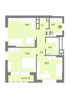 2-к квартира, вторичка, 60м2, 9/23 этаж