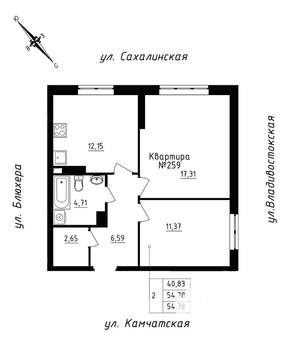 2-к квартира, строящийся дом, 55м2, 22/25 этаж