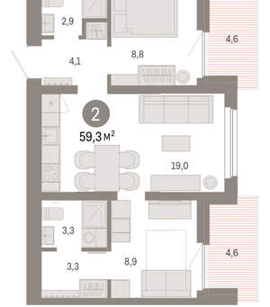 2-к квартира, вторичка, 59м2, 2/9 этаж