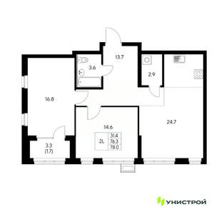 2-к квартира, вторичка, 78м2, 21/31 этаж